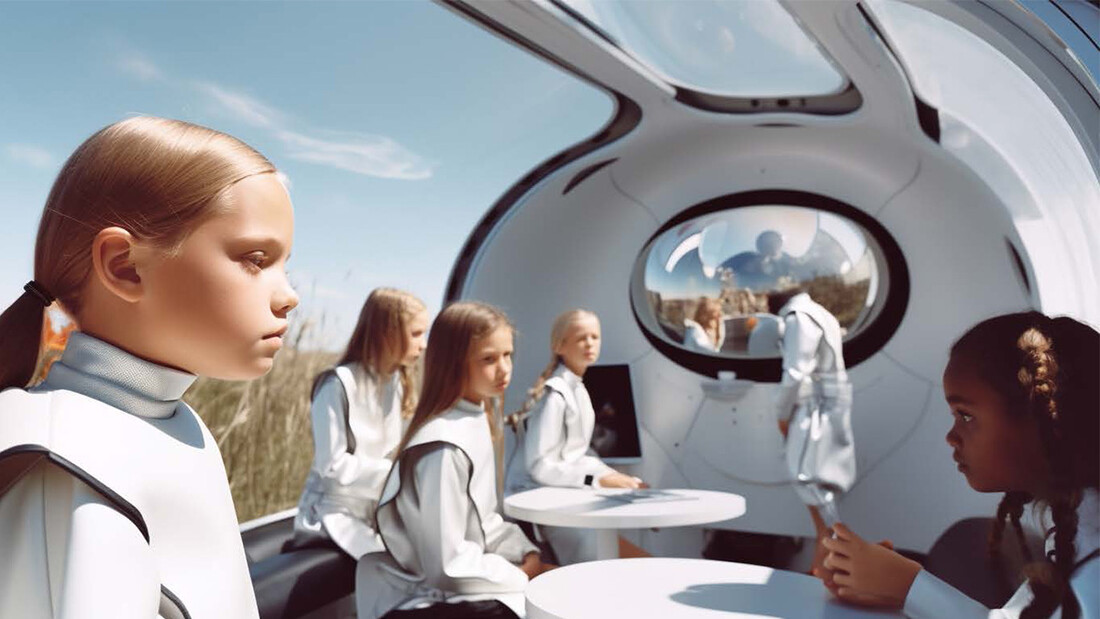 Eine Gruppe von Kindern in futuristischen Anzügen erkundet die Natur.