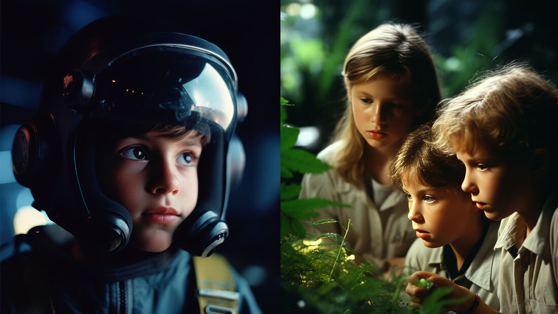 Auf der linken Bildhälfte sehen wir ein Kind als Weltraumpiloten. In der rechten Bildhälfte beobachten Kinder die Natur in einem Labor.