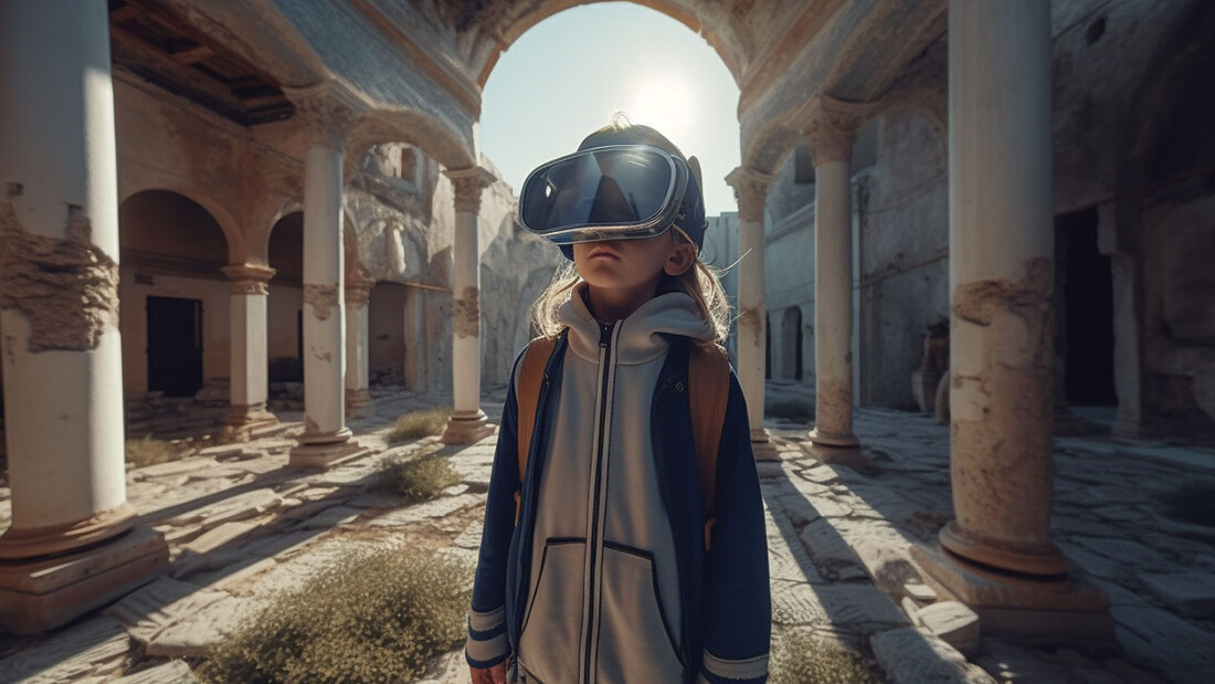 Ein Kind taucht mit einer VR Brille in einer antiken Stadt in ihre Geschichte ein.