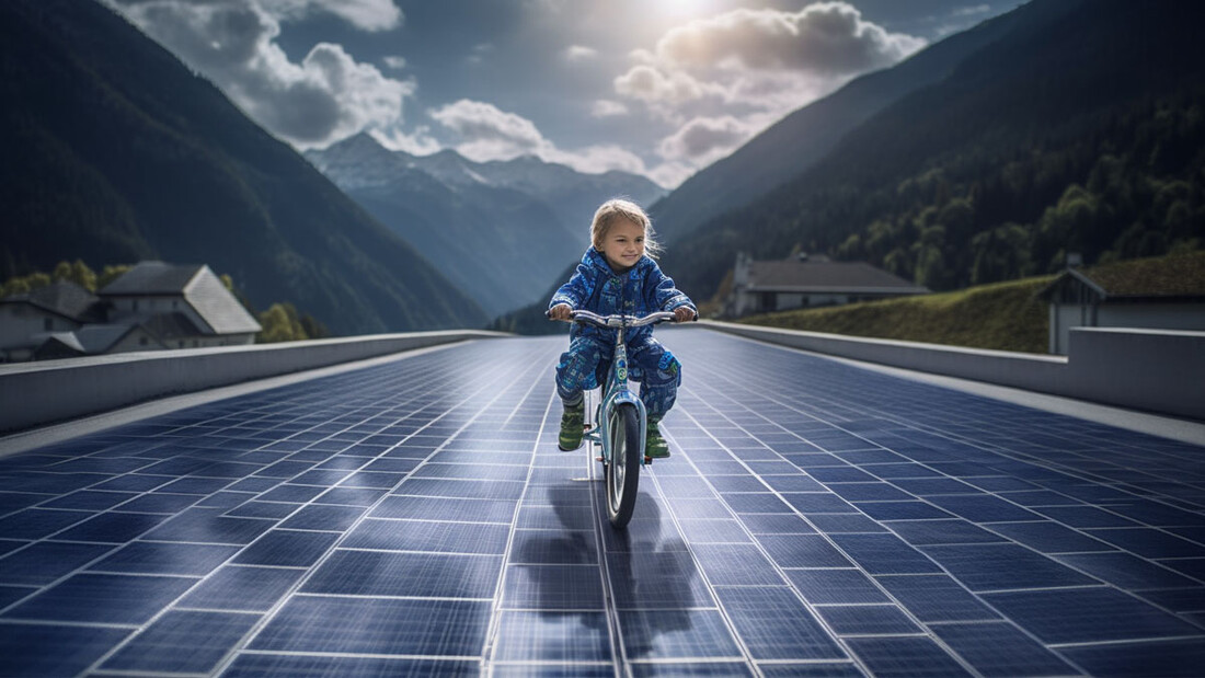 Ein Kind fährt mit seinem Velo auf einer Strasse, die komplett mit Solarpanelen belegt ist.