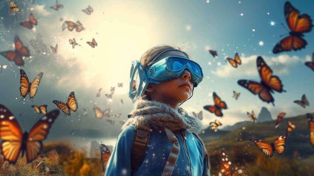 Ein Mädchen mit einer VR Brille steht in der Natur und ist umringt von Schmetterlingen.