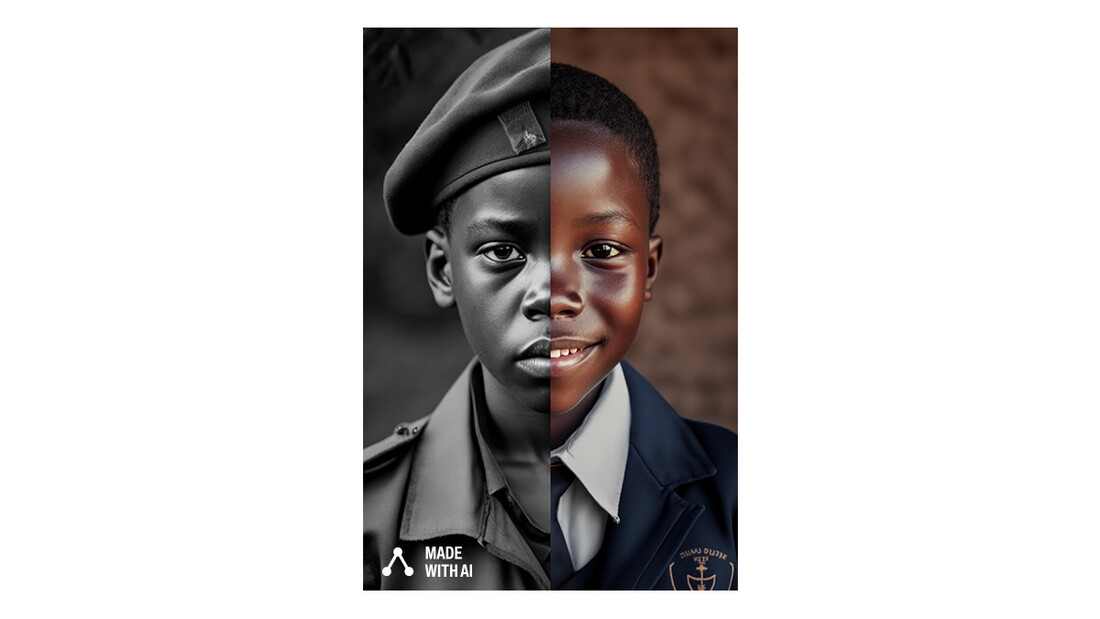 Ein afrikanisches Kind, das entweder Soldat oder beruflich erfolgreich sein wird.