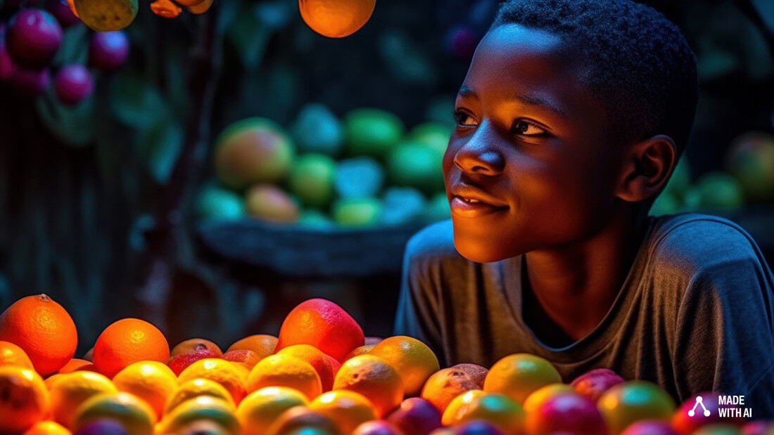 Ein lächelndes afrikanisches Kind, das umgeben von Früchten ist. 