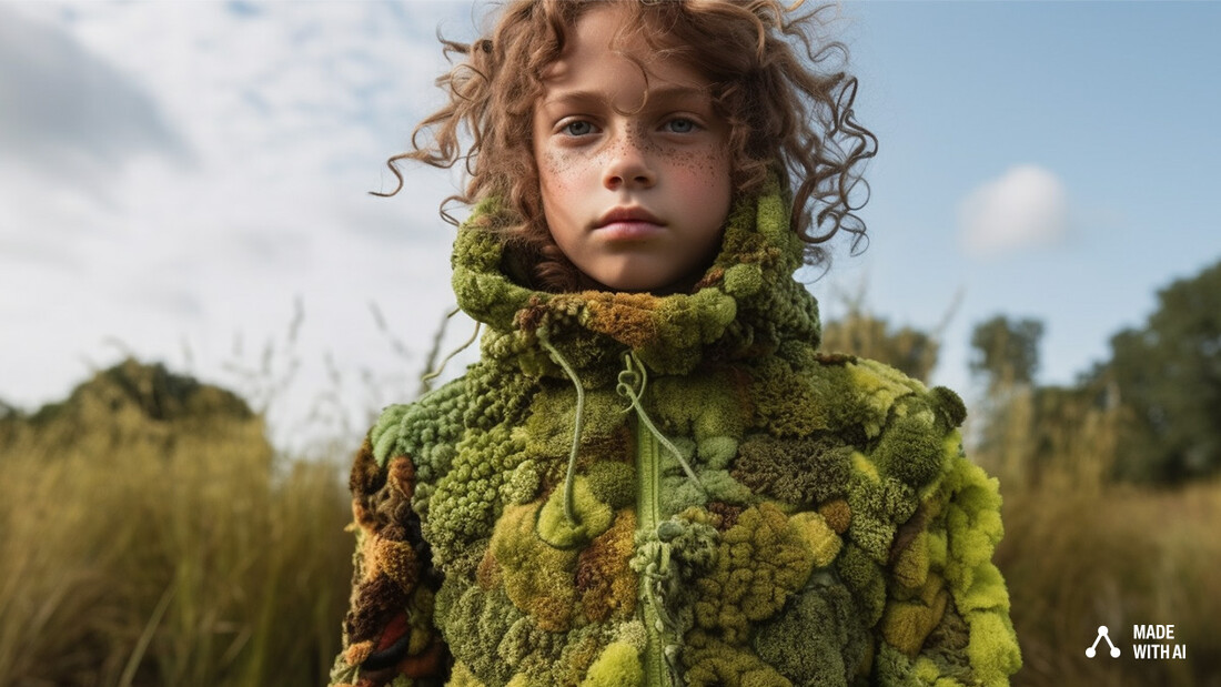Ein Kind, das nachhaltige Kleidung aus Moos trägt.