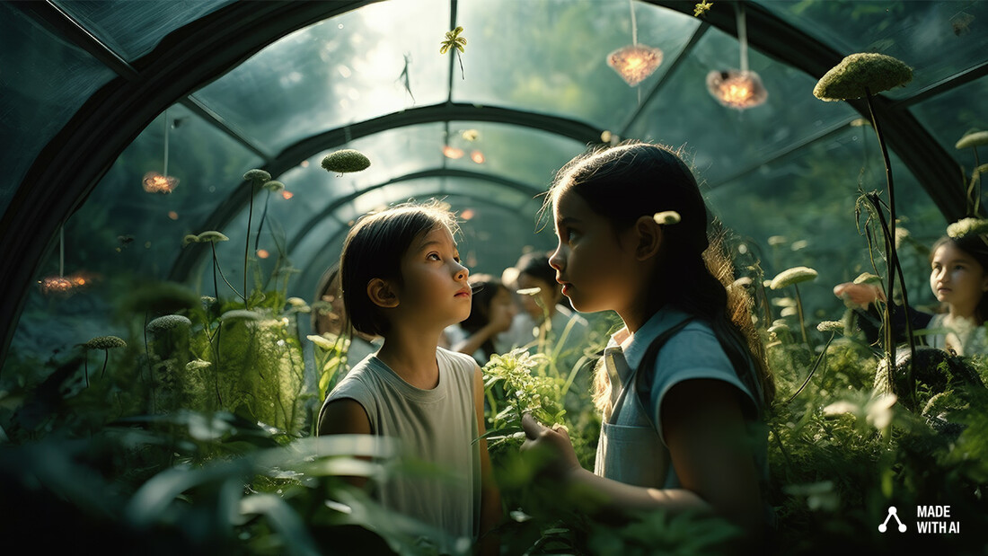 Kinder stehen in einem futuristischen Gewächshaus und untersuchen die Wunder der Natur.