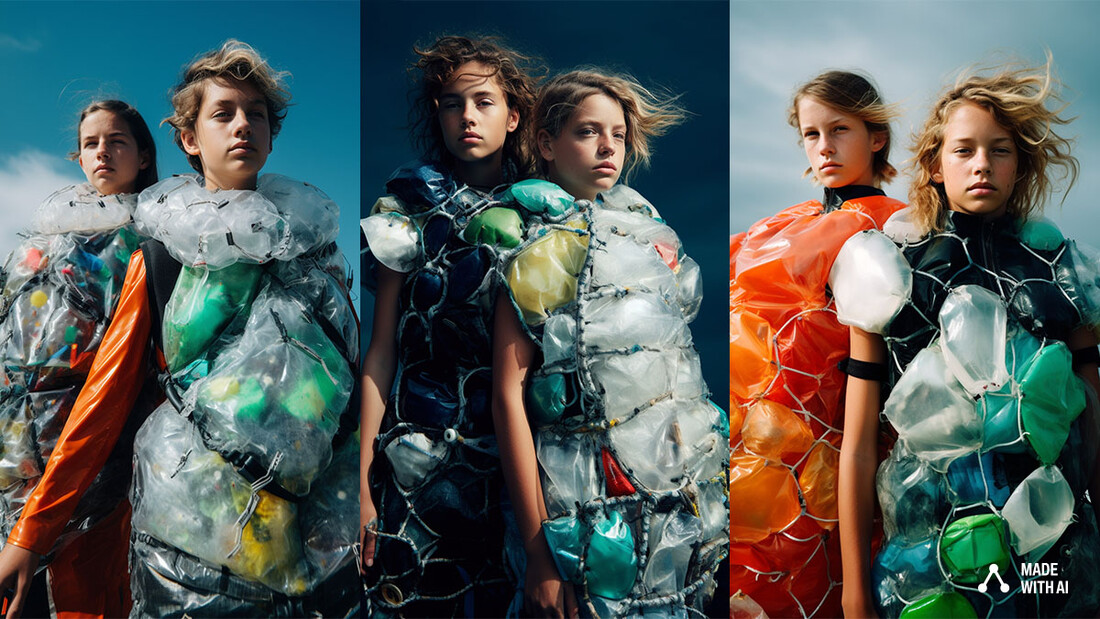 Drei Bildsets von Kindern, die Plastikmüll als Ressource für ihre Kleidung entdeckt haben.