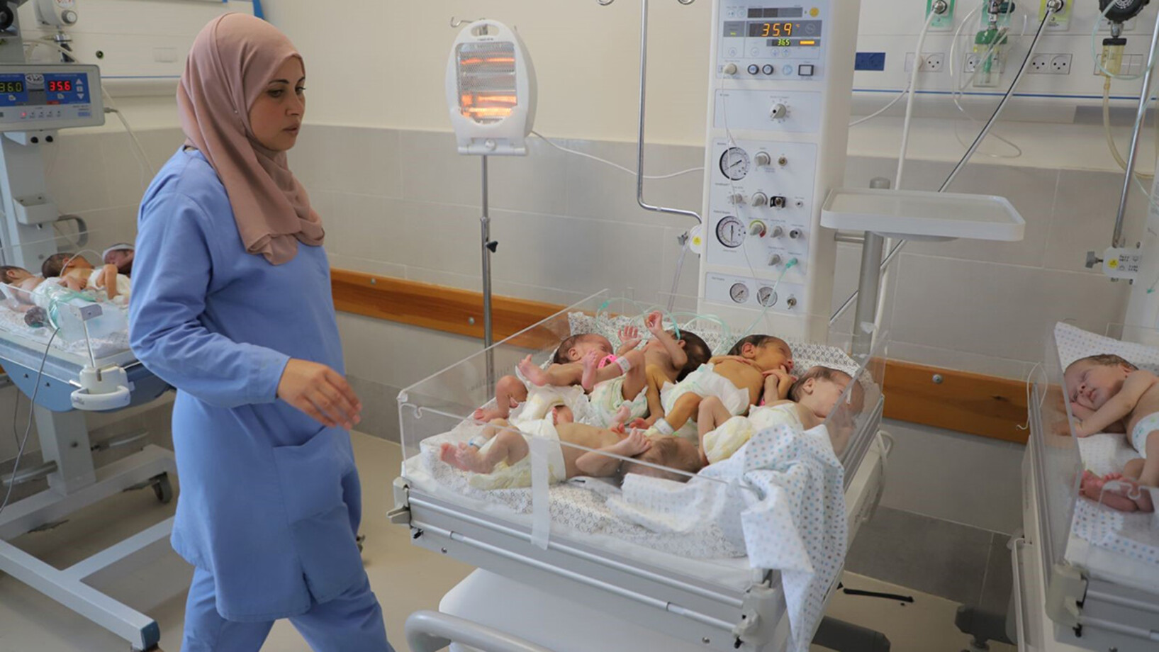 Die aus Gaza geretteten Neugeborenen müssen sich aufgrund von Platzmangel einen Brutkasten teilen.