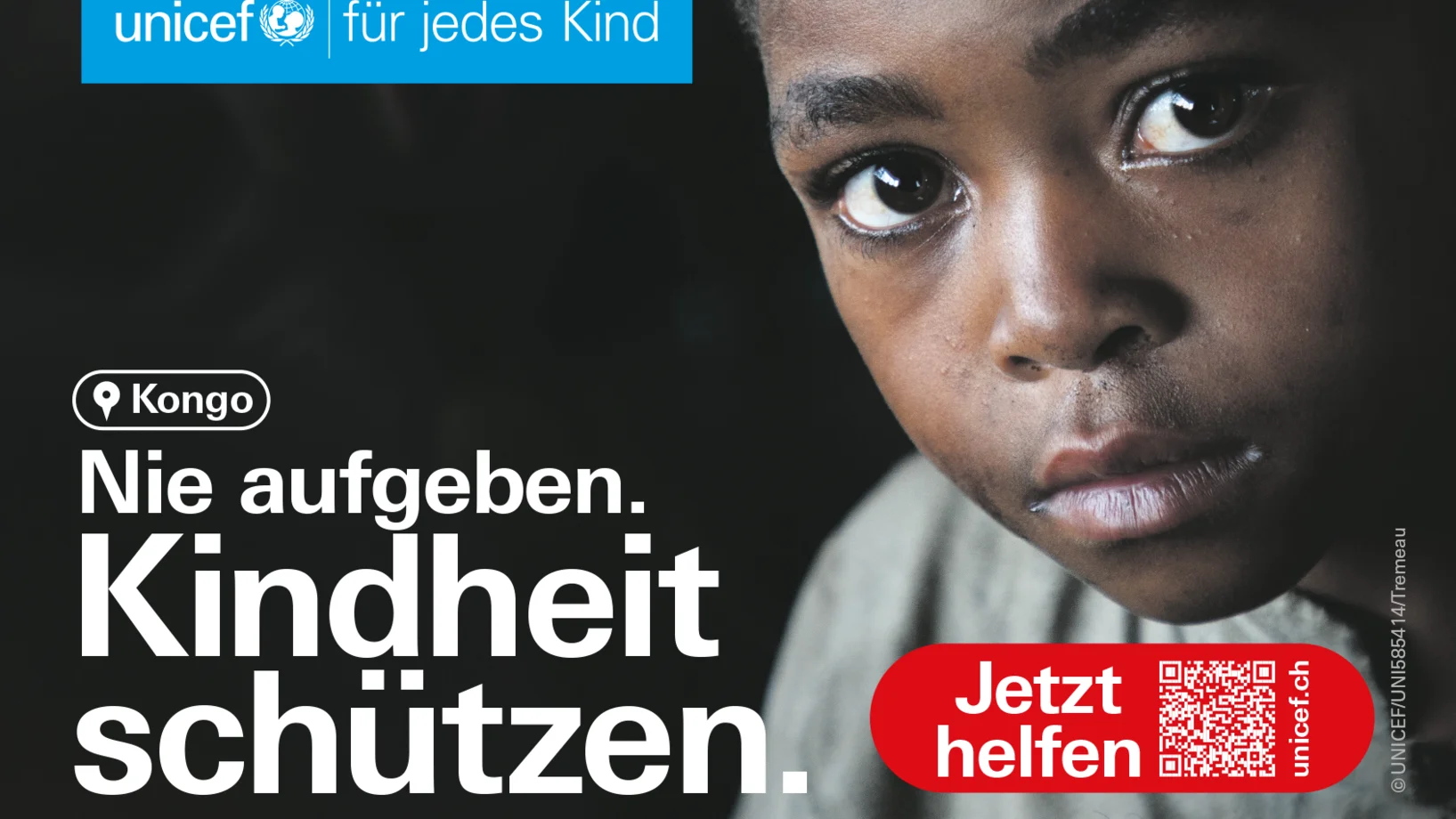 Füllerinserat für die Frühjahrskampagne von UNICEF. Ein Junge schaut geradeaus in die Kamera.