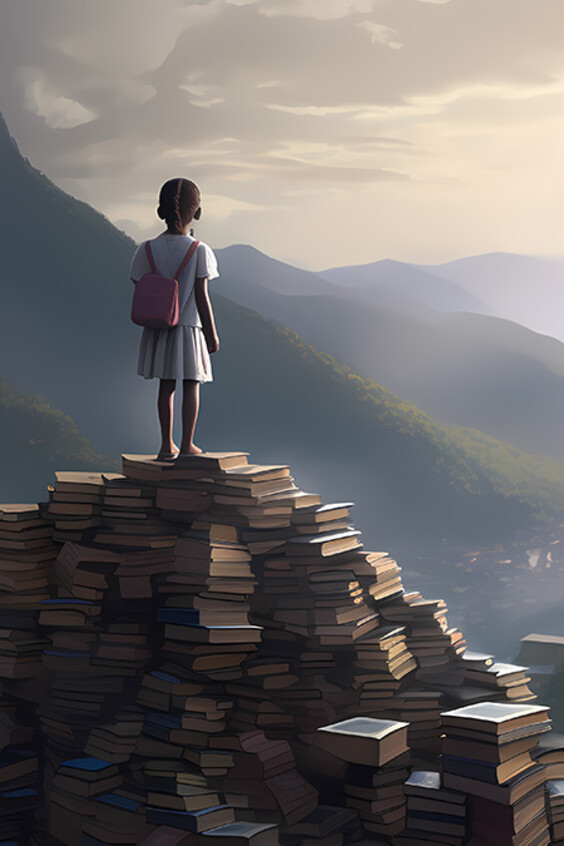 Ein Berg aus Schulbüchern wird von einem Schulkind erklimmt, damit es über den Horizont schauen kann.